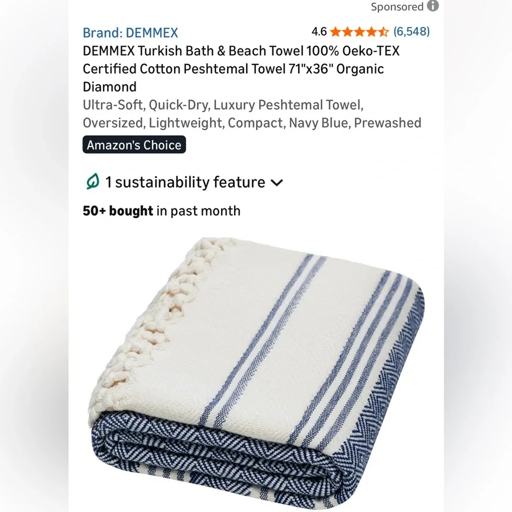New Demmex Turkish Bath and Beach Towel 100% Oeko-Tex Certified Cotton Navy